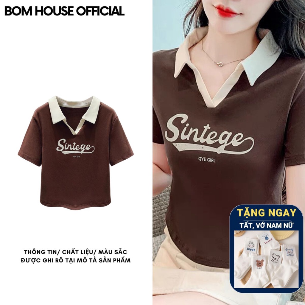 Áo Croptop Nữ Cổ Sơ Mi Sintege Ôm Body Chất Thun Borip Mềm Mịn Bomhouse