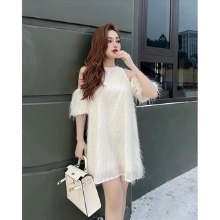 Đầm babydoll cổ yếm trễ vai thời trang nữ sang chảnh chất lông vũ tay ngắn dáng xoè mini siêu sinh
