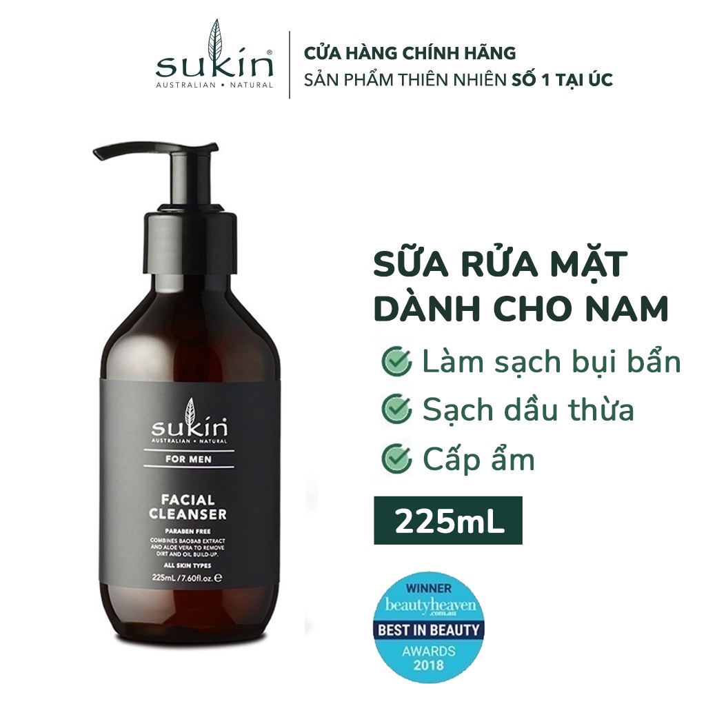 Combo Làm Sạch Dưỡng Ẩm Da Mặt Cho Nam Sukin Sữa Rửa Mặt Men Facial Cleanser 225ml + Kem Dưỡng Ẩm Men Moisturiser 225ml