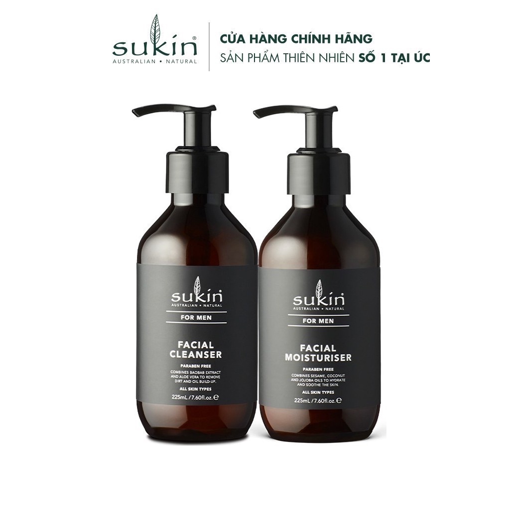 Combo Làm Sạch Dưỡng Ẩm Da Mặt Cho Nam Sukin Sữa Rửa Mặt Men Facial Cleanser 225ml + Kem Dưỡng Ẩm Men Moisturiser 225ml