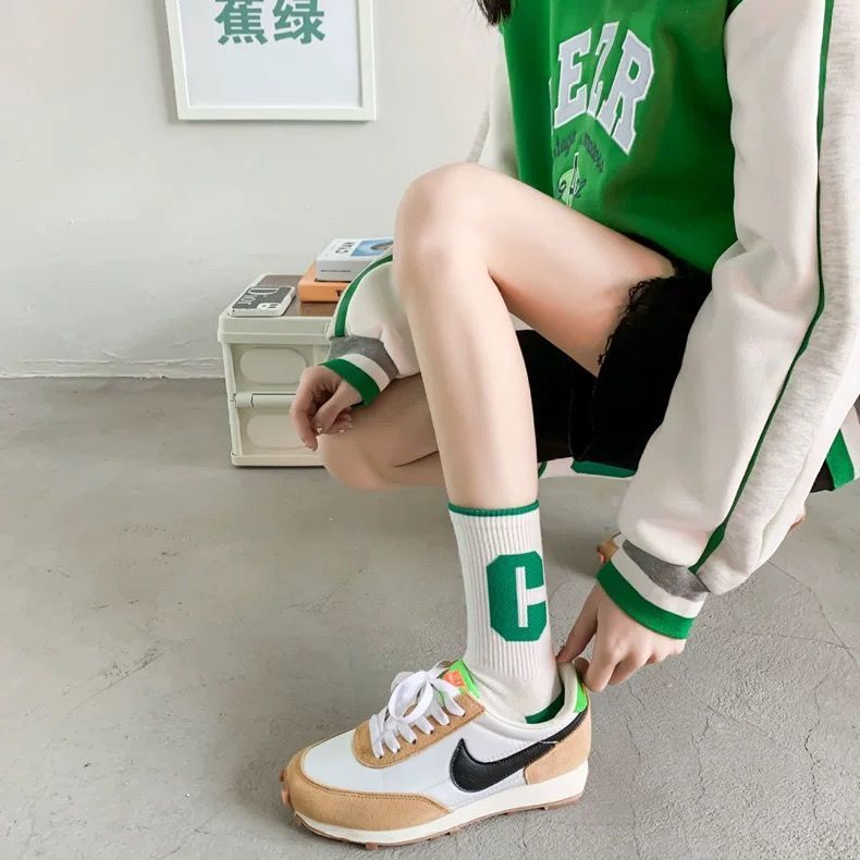 Jiashucheng Vớ Thể Thao Dài Bằng Vải Cotton Họa Tiết Chữ C Bản Lớn Phong Cách Hàn Quốc Dễ Phối Đồ Thời Trang Xuân Hè Dành Cho Bạn Nữ