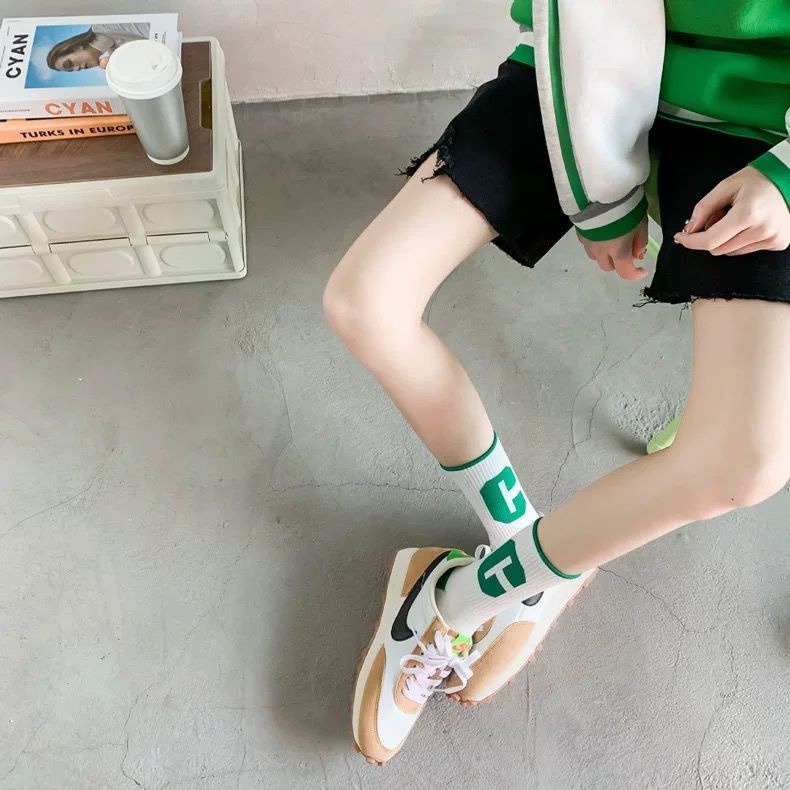 Jiashucheng Vớ Thể Thao Dài Bằng Vải Cotton Họa Tiết Chữ C Bản Lớn Phong Cách Hàn Quốc Dễ Phối Đồ Thời Trang Xuân Hè Dành Cho Bạn Nữ