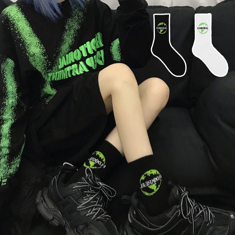 Jiashucheng Set 3 Đôi Vớ Cotton Màu Xanh Lá Dạ Quang Phong Cách Hip Hop Âu Mỹ Hàn Quốc Dành Cho Cặp Đôi