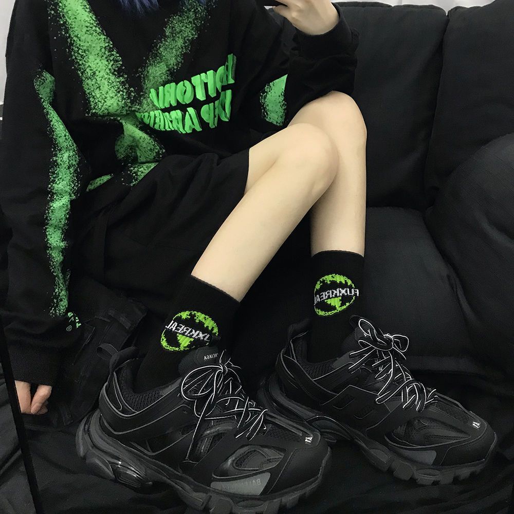 Jiashucheng Set 3 Đôi Vớ Cotton Màu Xanh Lá Dạ Quang Phong Cách Hip Hop Âu Mỹ Hàn Quốc Dành Cho Cặp Đôi