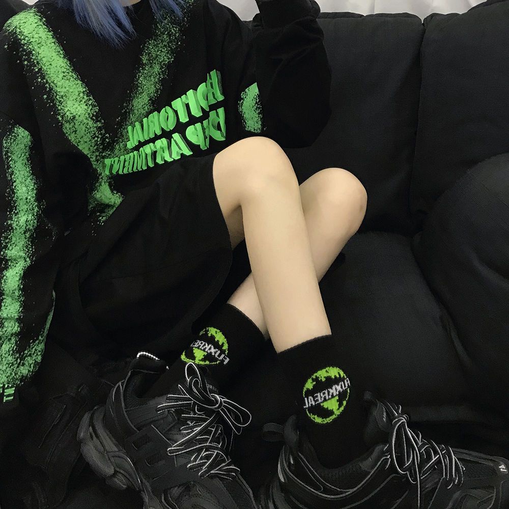 Jiashucheng Set 3 Đôi Vớ Cotton Màu Xanh Lá Dạ Quang Phong Cách Hip Hop Âu Mỹ Hàn Quốc Dành Cho Cặp Đôi