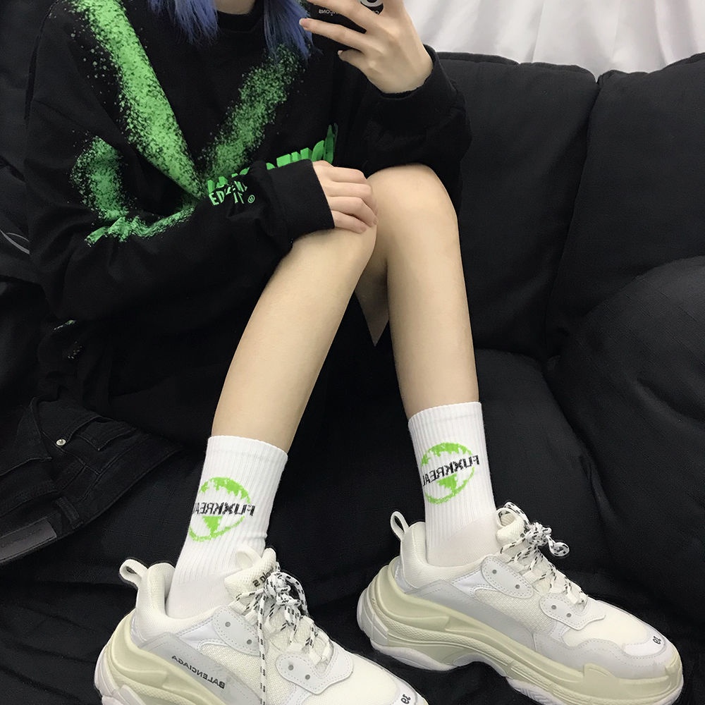 Jiashucheng Set 3 Đôi Vớ Cotton Màu Xanh Lá Dạ Quang Phong Cách Hip Hop Âu Mỹ Hàn Quốc Dành Cho Cặp Đôi