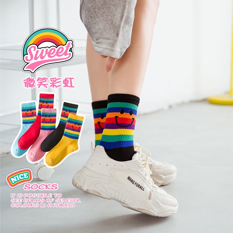 Jiashucheng Vớ Cao Trung Bình Màu Cầu Vồng Phong Cách Hàn Quốc Nhật Bản Thời Trang Thu Đông Cho Nữ