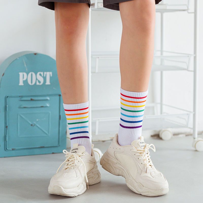 Jiashucheng Vớ Cao Trung Bình Màu Cầu Vồng Phong Cách Hàn Quốc Nhật Bản Thời Trang Thu Đông Cho Nữ