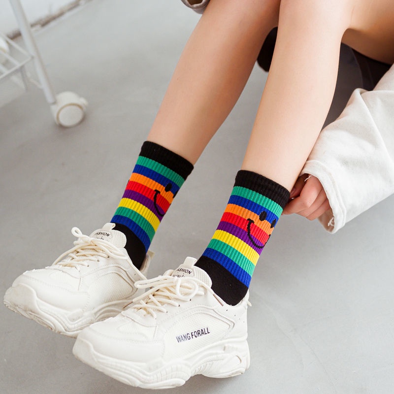 Jiashucheng Vớ Cao Trung Bình Màu Cầu Vồng Phong Cách Hàn Quốc Nhật Bản Thời Trang Thu Đông Cho Nữ