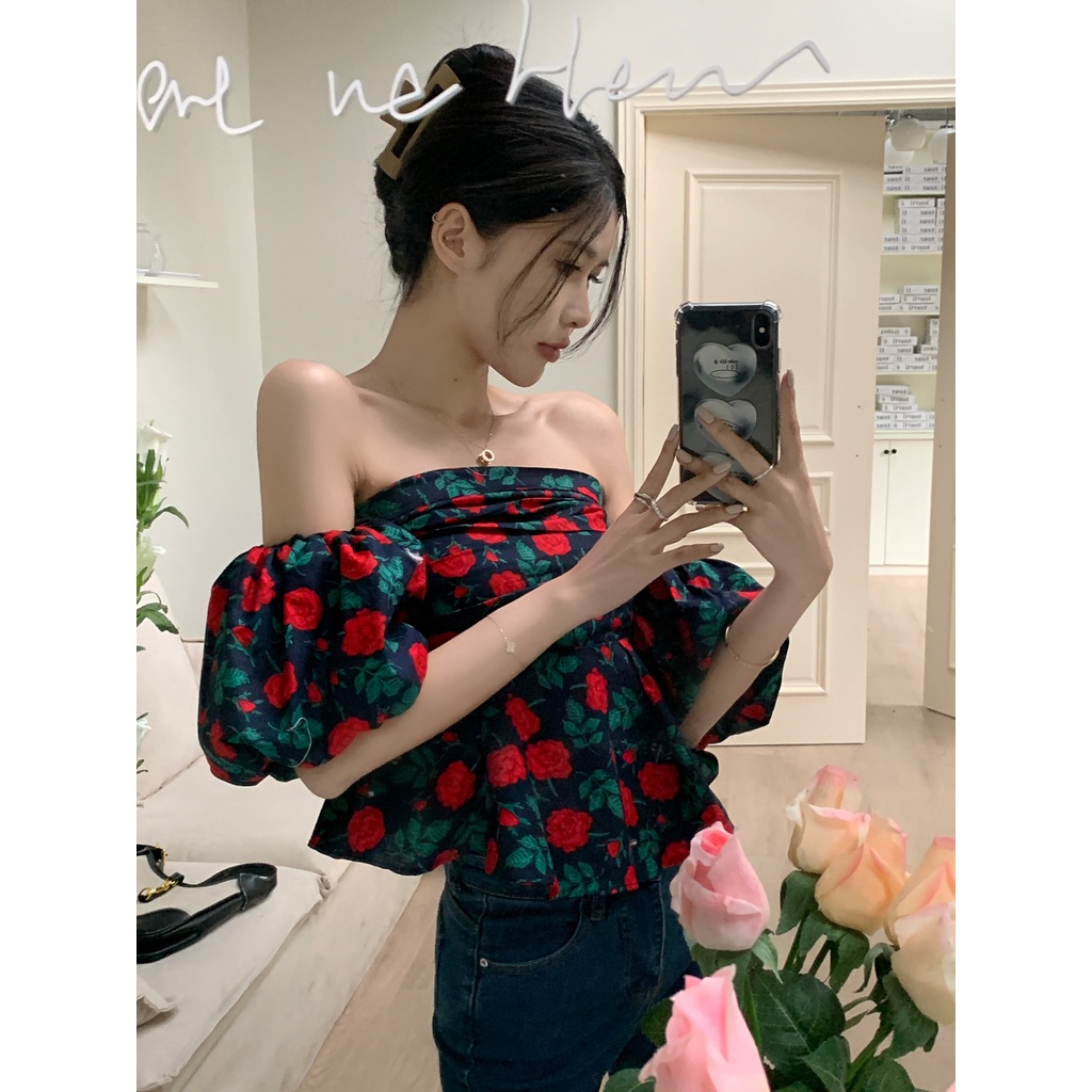 Áo Kiểu Trễ Vai Tay Phồng Ngắn In Họa Tiết Hoa Thời Trang Mùa Hè Xinh Xắn Cho Nữ