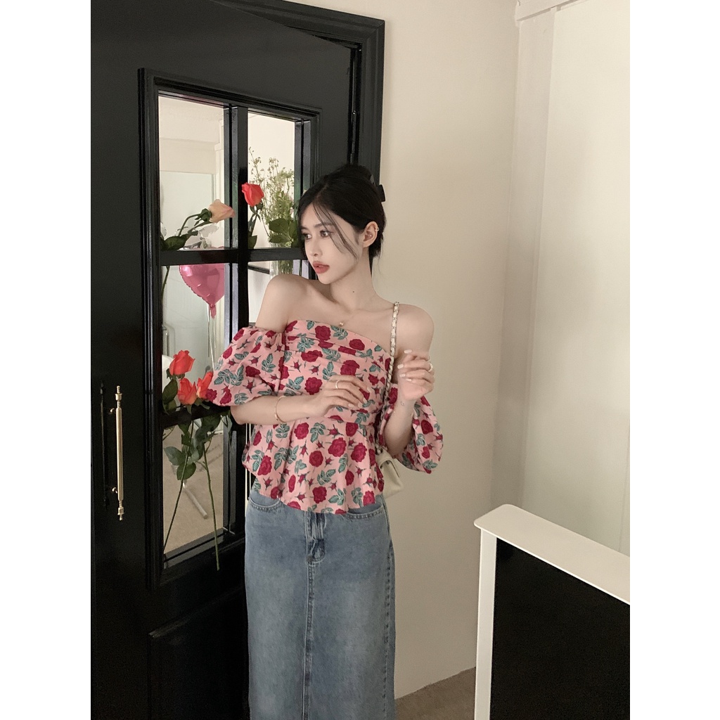 Áo Kiểu Trễ Vai Tay Phồng Ngắn In Họa Tiết Hoa Thời Trang Mùa Hè Xinh Xắn Cho Nữ