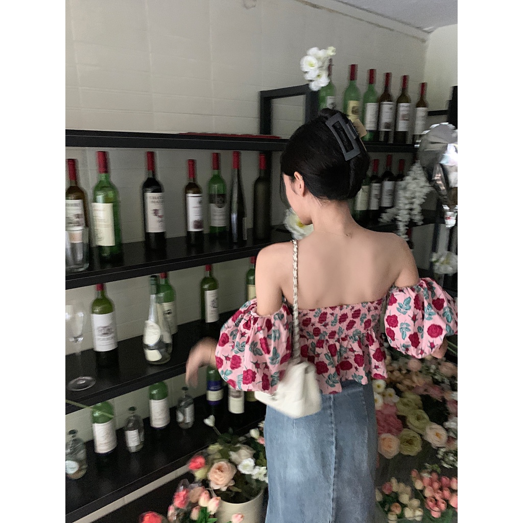 Áo Kiểu Trễ Vai Tay Phồng Ngắn In Họa Tiết Hoa Thời Trang Mùa Hè Xinh Xắn Cho Nữ