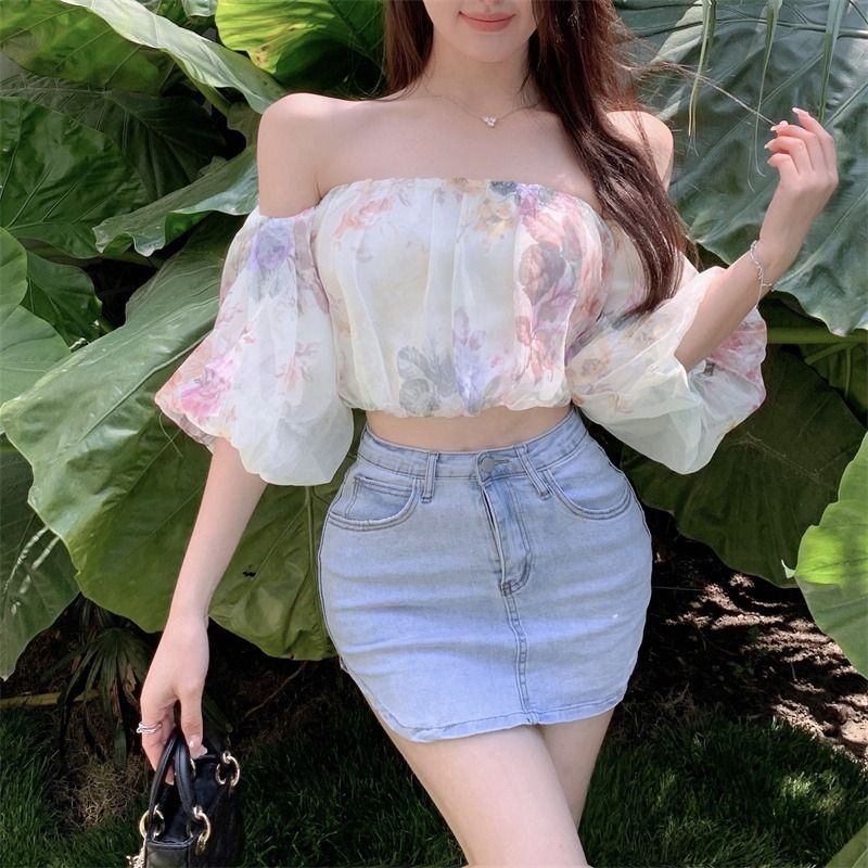 Áo Kiểu Ngắn Tay Trễ Vai Phong Cách Retro Pháp Quyến Rũ Cho Nữ