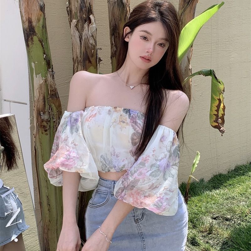 Áo Kiểu Ngắn Tay Trễ Vai Phong Cách Retro Pháp Quyến Rũ Cho Nữ