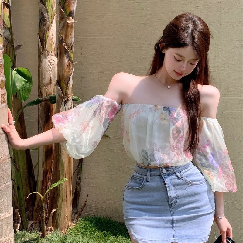 Áo Kiểu Ngắn Tay Trễ Vai Phong Cách Retro Pháp Quyến Rũ Cho Nữ