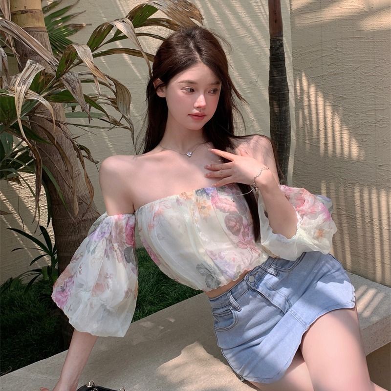 Áo Kiểu Ngắn Tay Trễ Vai Phong Cách Retro Pháp Quyến Rũ Cho Nữ