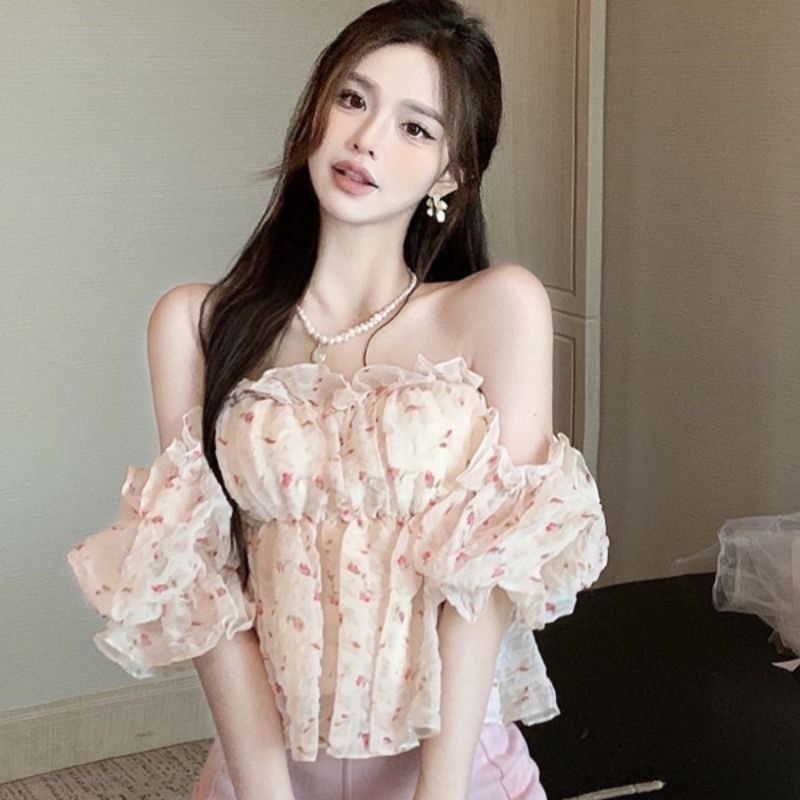 Jiashucheng Áo Sơ Mi Ngắn Tay Trễ Vai Họa Tiết Hoa Ngọt Ngào Thời Trang Mùa Hè Cho Nữ