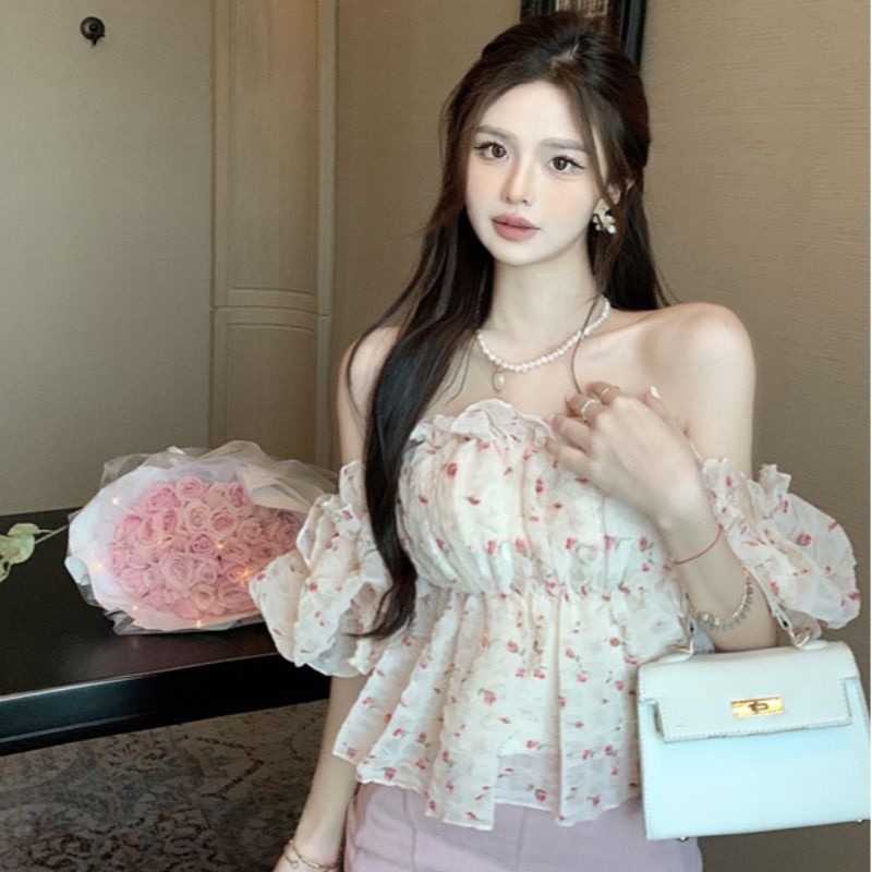 Jiashucheng Áo Sơ Mi Ngắn Tay Trễ Vai Họa Tiết Hoa Ngọt Ngào Thời Trang Mùa Hè Cho Nữ