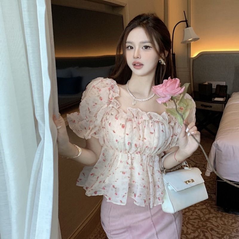Jiashucheng Áo Sơ Mi Ngắn Tay Trễ Vai Họa Tiết Hoa Ngọt Ngào Thời Trang Mùa Hè Cho Nữ