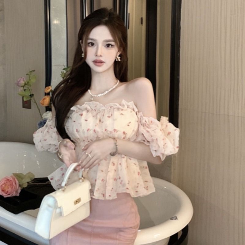 Jiashucheng Áo Sơ Mi Ngắn Tay Trễ Vai Họa Tiết Hoa Ngọt Ngào Thời Trang Mùa Hè Cho Nữ