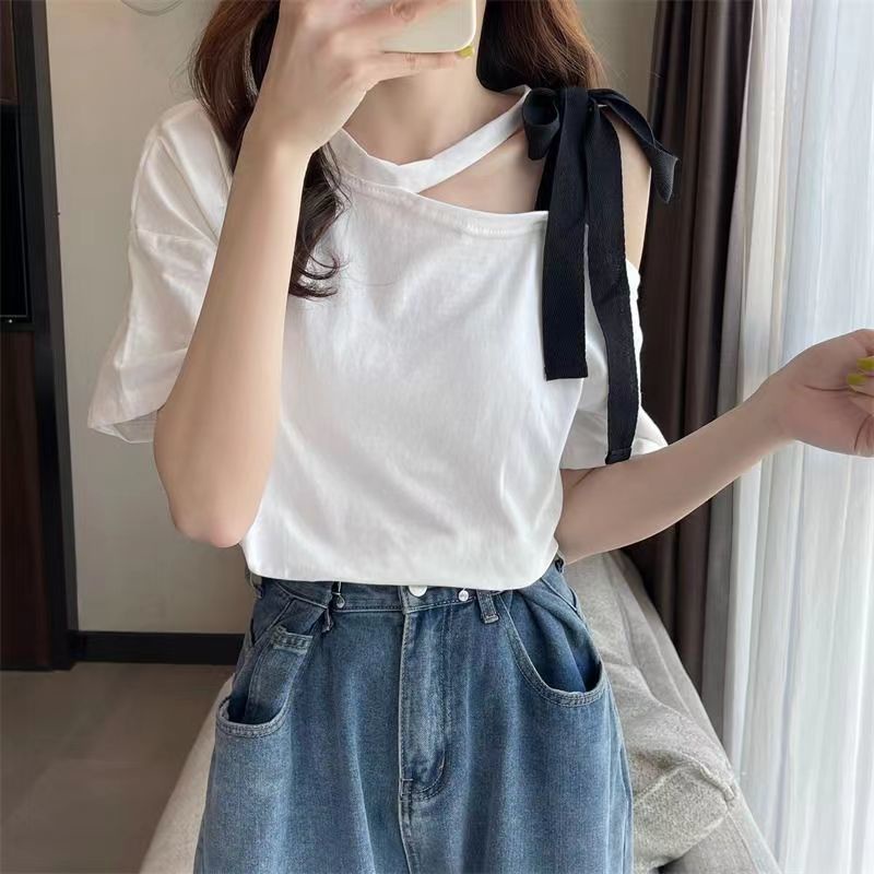 Jiashucheng Áo Thun Mỏng Mùa Hè Tay Cộc Dáng Ôm Hở Vai Sang Trọng Phong Cách Mới Cho Nữ