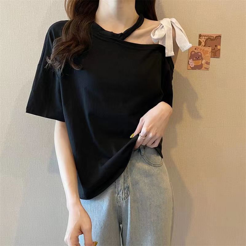 Jiashucheng Áo Thun Mỏng Mùa Hè Tay Cộc Dáng Ôm Hở Vai Sang Trọng Phong Cách Mới Cho Nữ