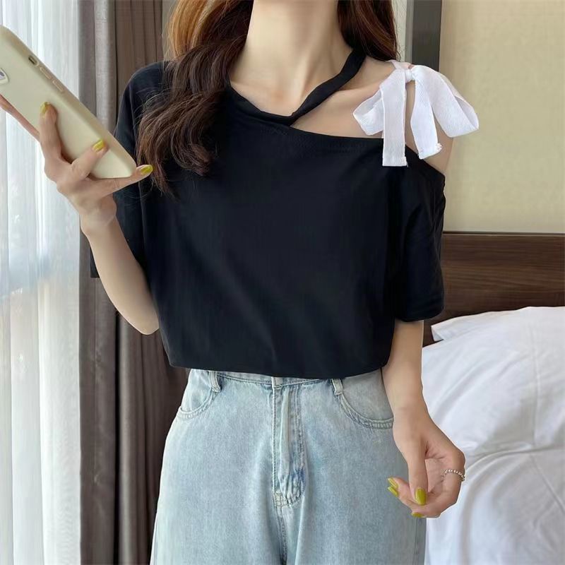 Jiashucheng Áo Thun Mỏng Mùa Hè Tay Cộc Dáng Ôm Hở Vai Sang Trọng Phong Cách Mới Cho Nữ