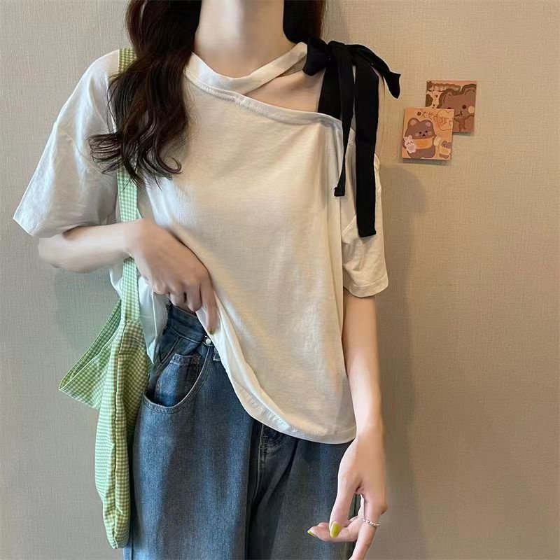 Jiashucheng Áo Thun Mỏng Mùa Hè Tay Cộc Dáng Ôm Hở Vai Sang Trọng Phong Cách Mới Cho Nữ