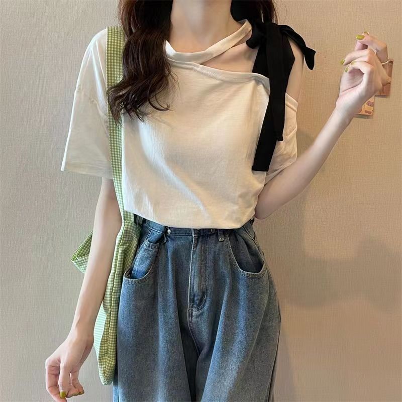 Jiashucheng Áo Thun Mỏng Mùa Hè Tay Cộc Dáng Ôm Hở Vai Sang Trọng Phong Cách Mới Cho Nữ