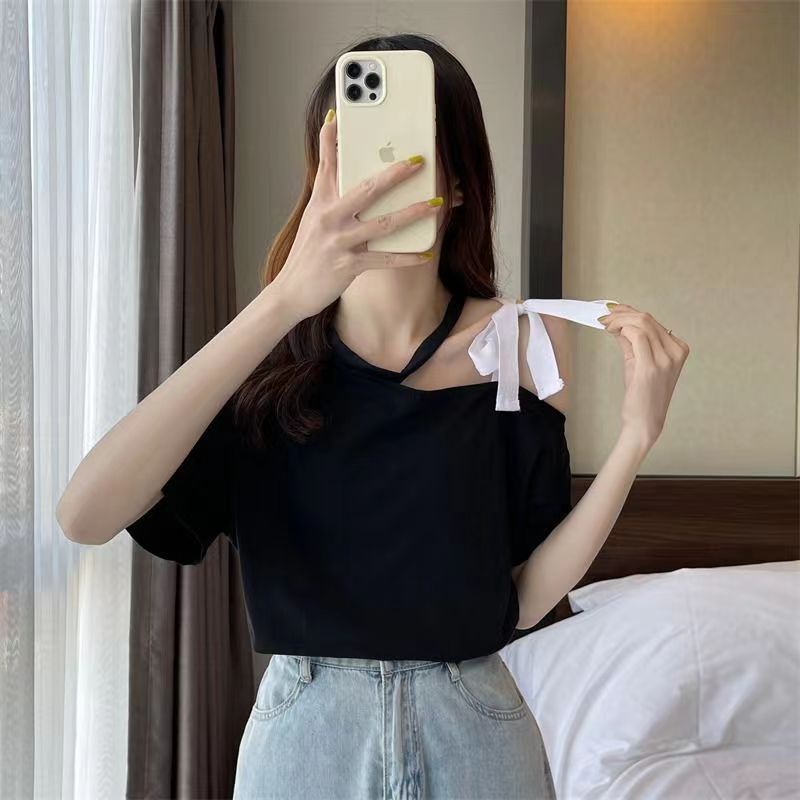 Jiashucheng Áo Thun Mỏng Mùa Hè Tay Cộc Dáng Ôm Hở Vai Sang Trọng Phong Cách Mới Cho Nữ