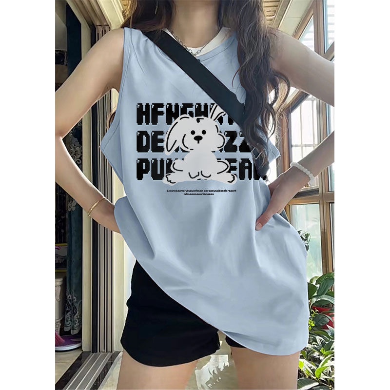 Áo Thun 100% Cotton Không Tay In Hình Thỏ Hoạt Hình Thời Trang Mùa Hè Dành Cho Nữ