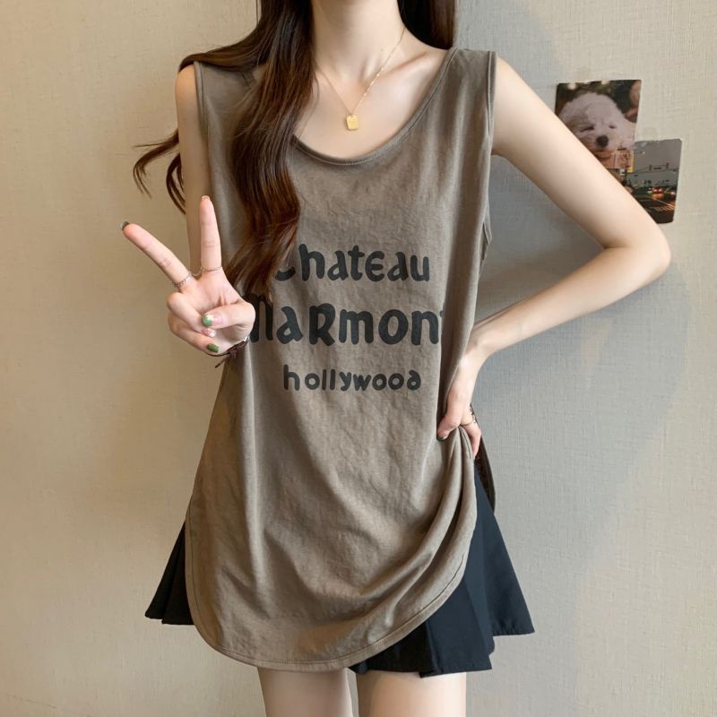 Áo Thun Lụa Lạnh Không Tay Dáng Rộng In Chữ Thời Trang Mùa Hè 2023 Mới Cho Nữ