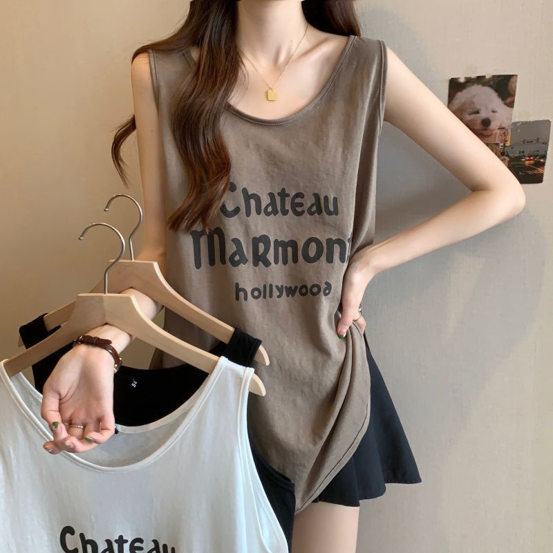 Áo Thun Lụa Lạnh Không Tay Dáng Rộng In Chữ Thời Trang Mùa Hè 2023 Mới Cho Nữ