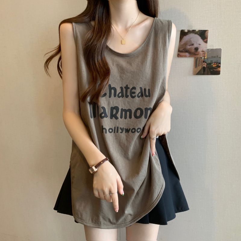 Áo Thun Lụa Lạnh Không Tay Dáng Rộng In Chữ Thời Trang Mùa Hè 2023 Mới Cho Nữ