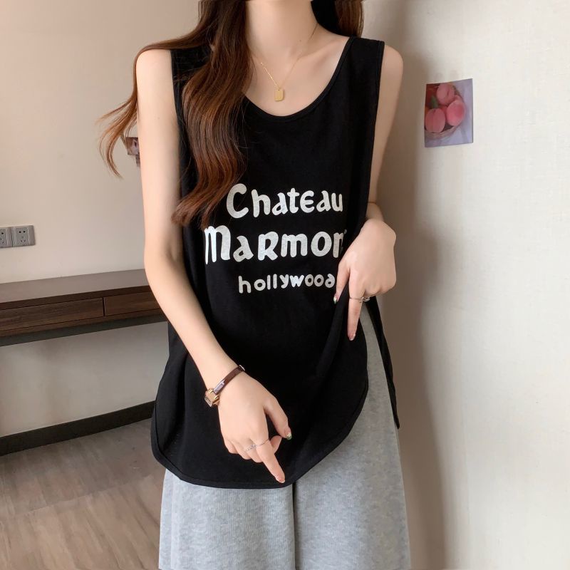 Áo Thun Lụa Lạnh Không Tay Dáng Rộng In Chữ Thời Trang Mùa Hè 2023 Mới Cho Nữ