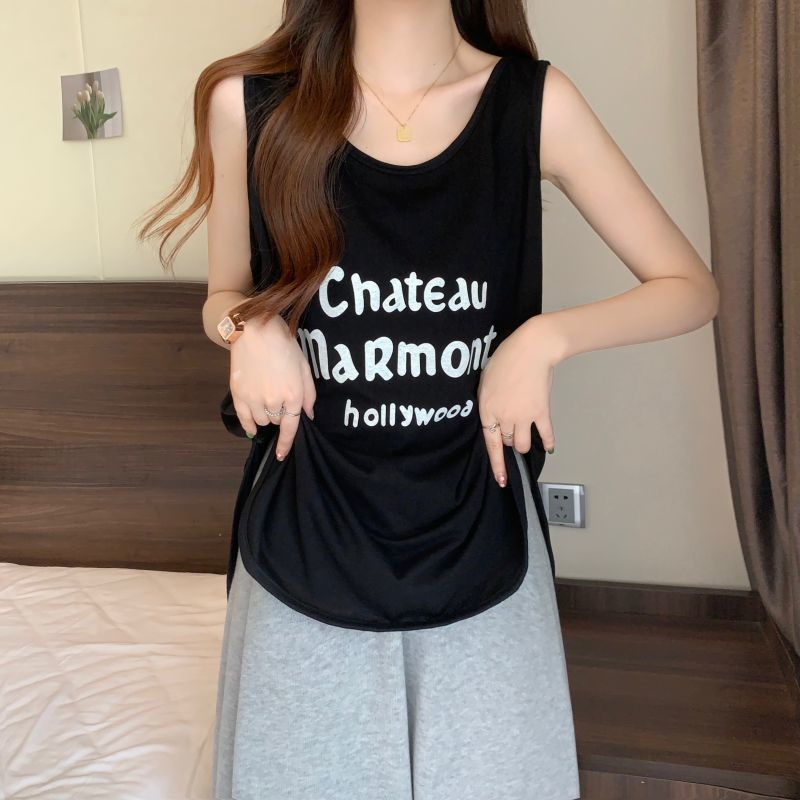 Áo Thun Lụa Lạnh Không Tay Dáng Rộng In Chữ Thời Trang Mùa Hè 2023 Mới Cho Nữ