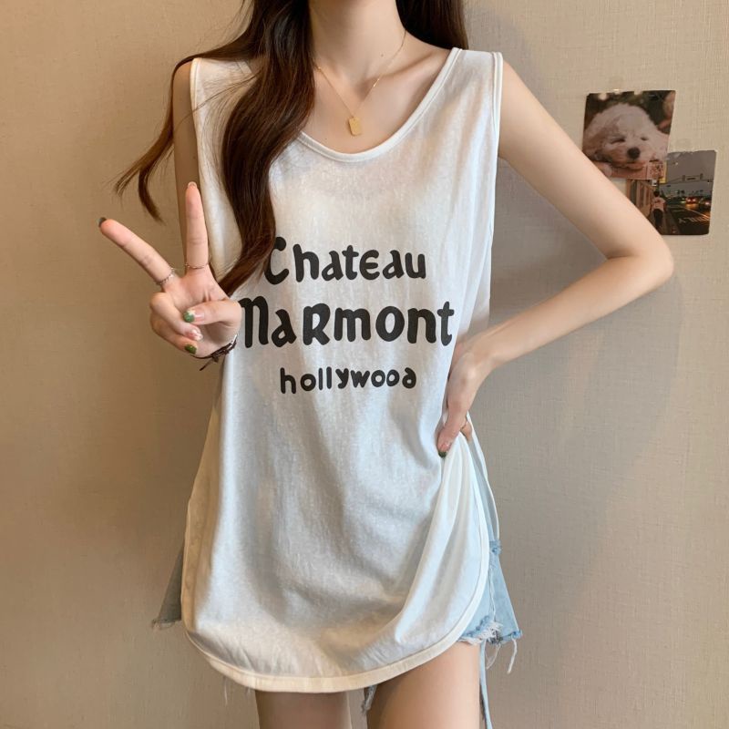 Áo Thun Lụa Lạnh Không Tay Dáng Rộng In Chữ Thời Trang Mùa Hè 2023 Mới Cho Nữ