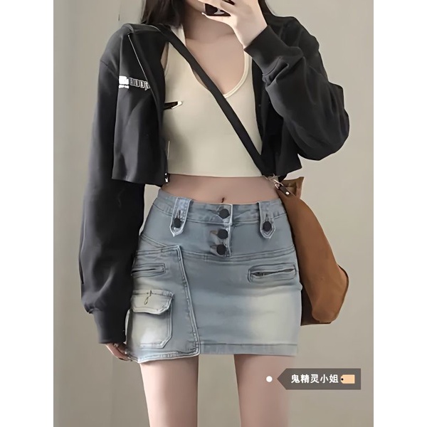 Jiashucheng Chân Váy Denim Nhiều Túi Phong Cách Retro Mỹ Thời Trang Mùa Hè Dành Cho Nữ