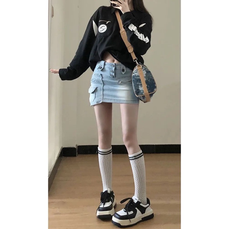 Jiashucheng Chân Váy Denim Nhiều Túi Phong Cách Retro Mỹ Thời Trang Mùa Hè Dành Cho Nữ