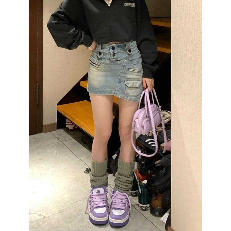 Jiashucheng Chân Váy Denim Nhiều Túi Phong Cách Retro Mỹ Thời Trang Mùa Hè Dành Cho Nữ