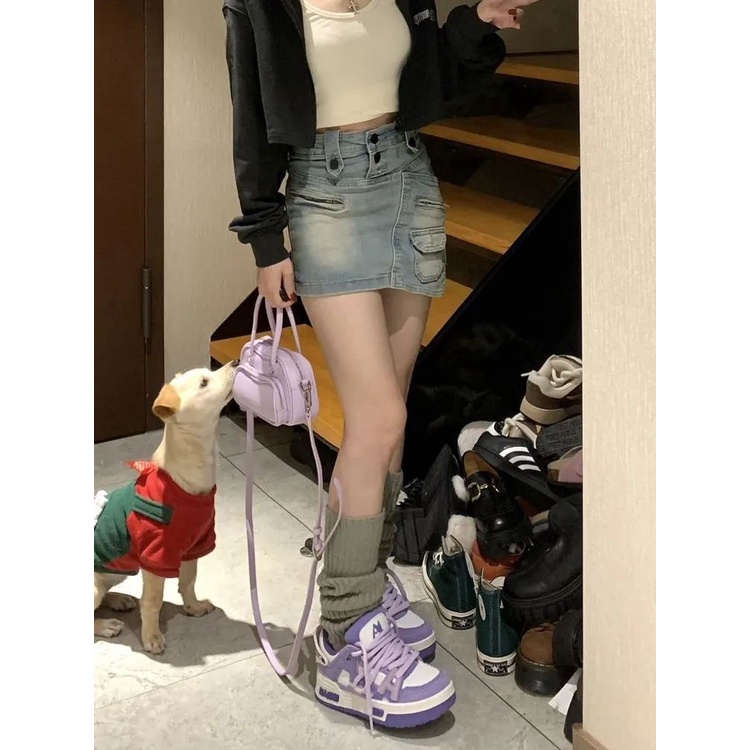 Jiashucheng Chân Váy Denim Nhiều Túi Phong Cách Retro Mỹ Thời Trang Mùa Hè Dành Cho Nữ