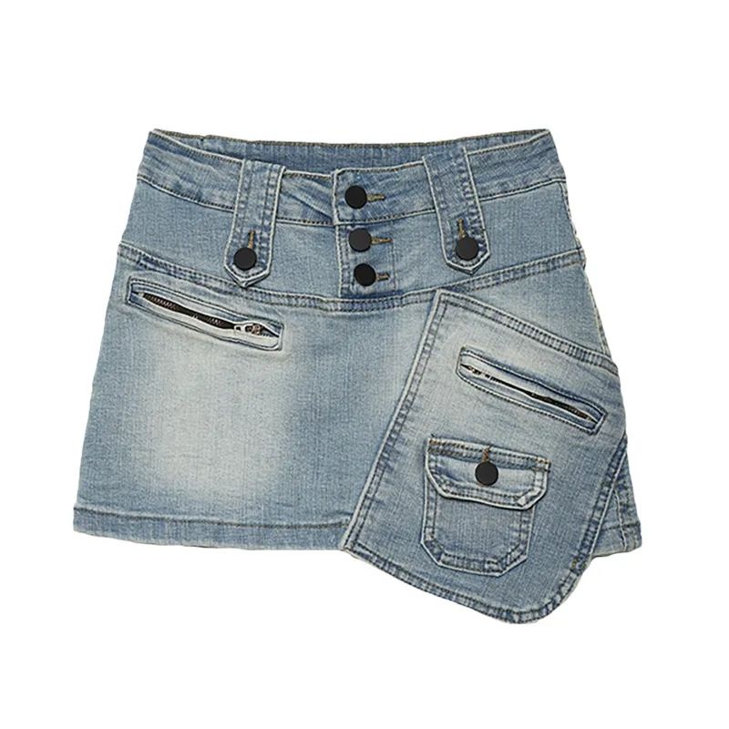 Jiashucheng Chân Váy Denim Nhiều Túi Phong Cách Retro Mỹ Thời Trang Mùa Hè Dành Cho Nữ