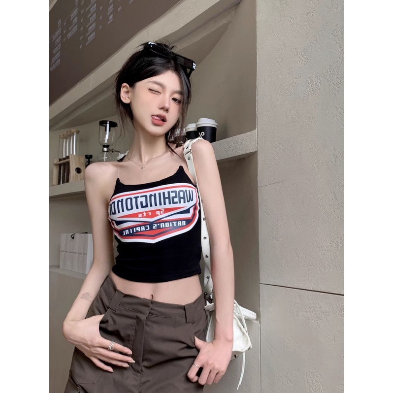 Jiashucheng Áo Hai Dây Dáng Ngắn In Chữ Màu Đen Phong Cách Mỹ Thời Trang Mùa Hè Cho Nữ