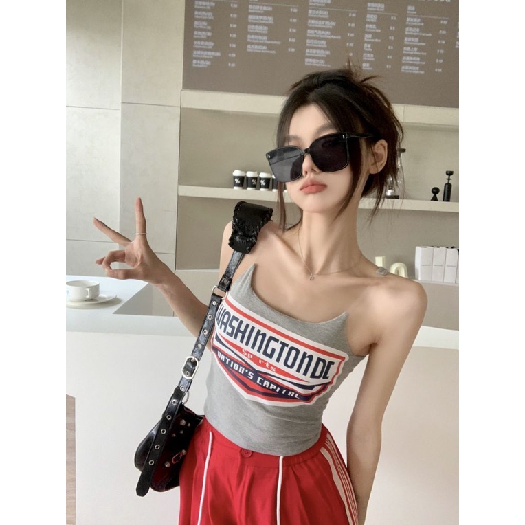 Jiashucheng Áo Hai Dây Dáng Ngắn In Chữ Màu Đen Phong Cách Mỹ Thời Trang Mùa Hè Cho Nữ