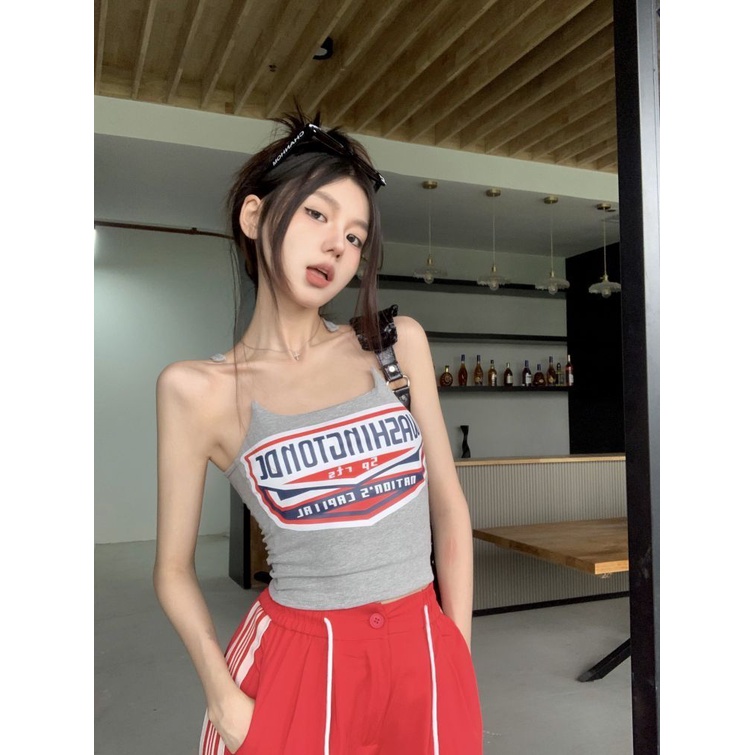 Jiashucheng Áo Hai Dây Dáng Ngắn In Chữ Màu Đen Phong Cách Mỹ Thời Trang Mùa Hè Cho Nữ