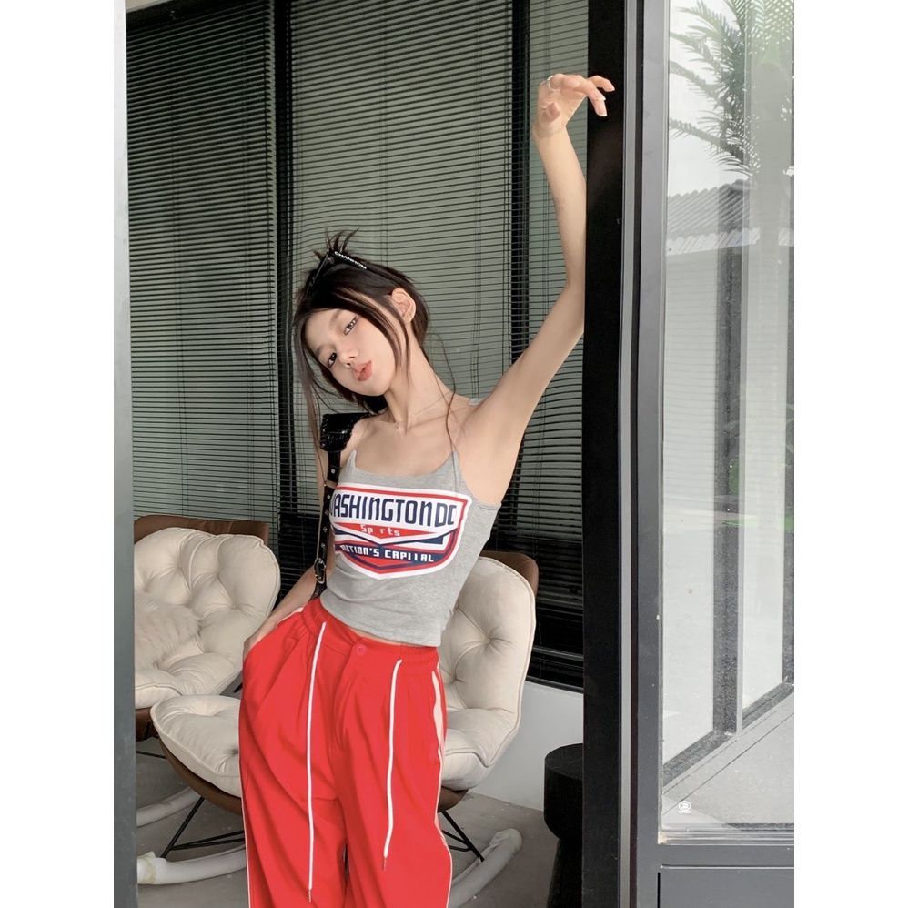 Jiashucheng Áo Hai Dây Dáng Ngắn In Chữ Màu Đen Phong Cách Mỹ Thời Trang Mùa Hè Cho Nữ