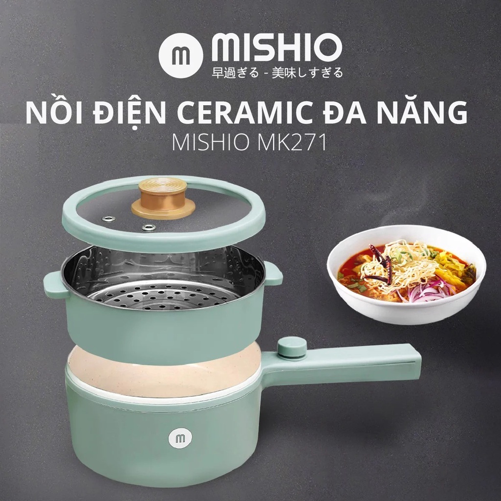Nồi Nấu Đa Năng Mishio MK271 1.5L Lòng Ceramic, Trắng/Xanh, 600W, 37x20.2x13.6cm