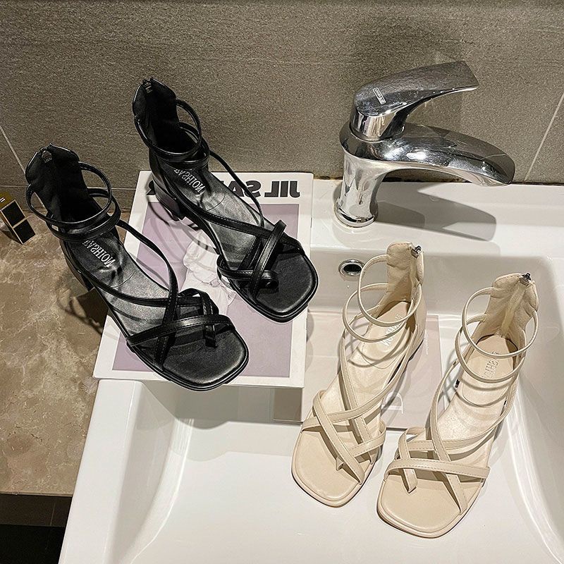 Giày Sandal Đế Dày Một Gót Vuông Hở Ngón Phong Cách Roman Thời Trang Mùa Hè Cho Nữ