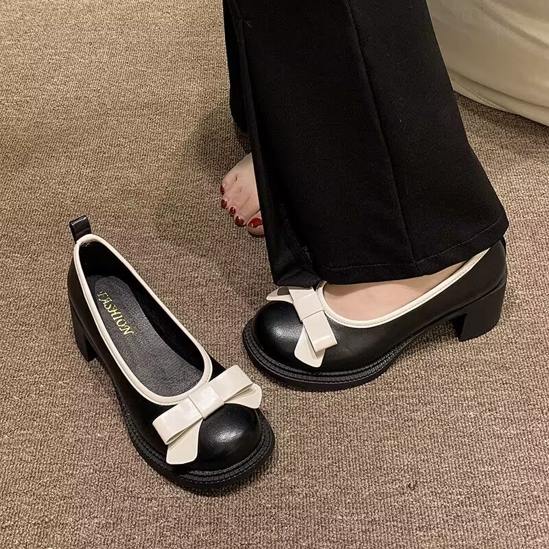 Giầy lolita nữ nơ  gót chân thô  giày đơn thời trang