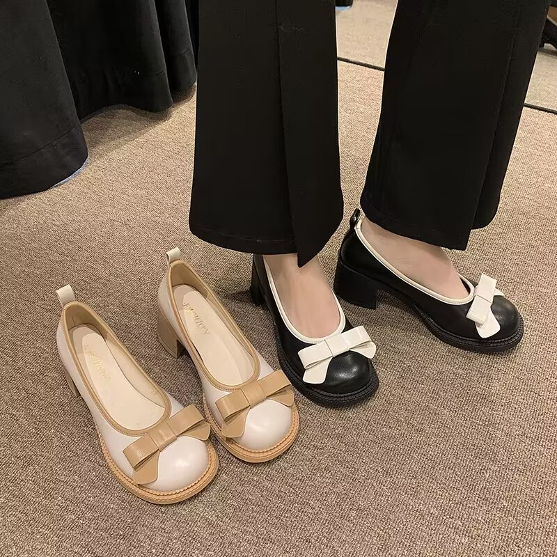 Giầy lolita nữ nơ  gót chân thô  giày đơn thời trang